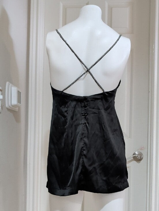 Free People Black Satin Rhinestone V-Neck Slip Cami Women's XS