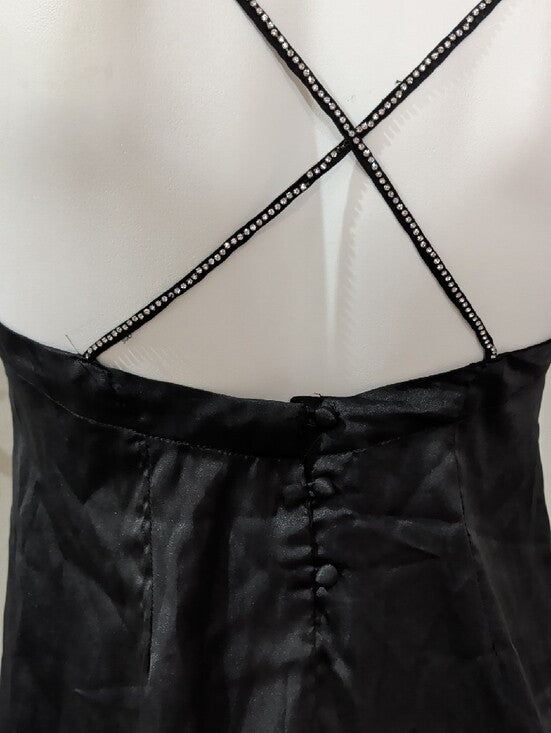 Free People Black Satin Rhinestone V-Neck Slip Cami Women's XS