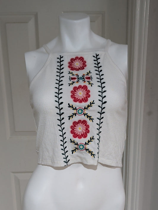 Forever 21 Floral Embroidery White Halter Crop Top Women's Medium
