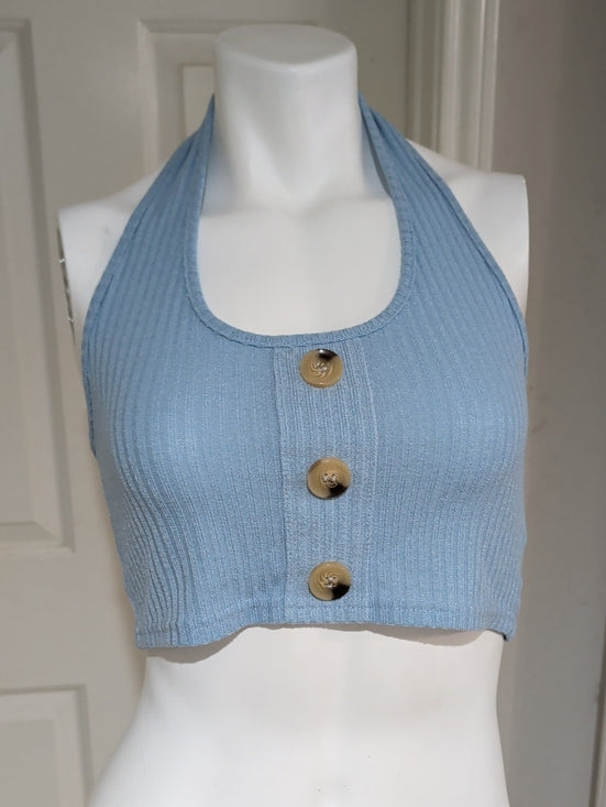 Y2K Romwe Light Blue Ribbed Halter Crop Top w/ Front Buttons Retro Women's Large