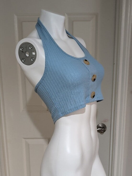 Y2K Romwe Light Blue Ribbed Halter Crop Top w/ Front Buttons Retro Women's Large