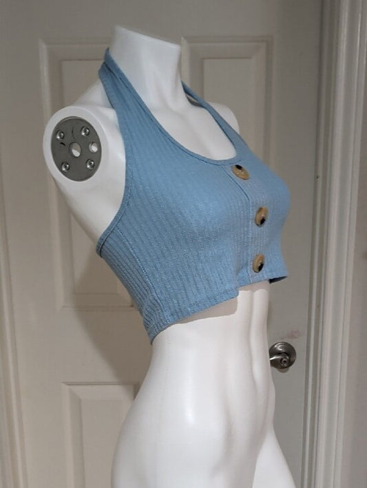 Y2K Romwe Light Blue Ribbed Halter Crop Top w/ Front Buttons Retro Women's Large