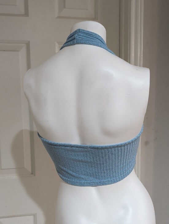 Y2K Romwe Light Blue Ribbed Halter Crop Top w/ Front Buttons Retro Women's Large