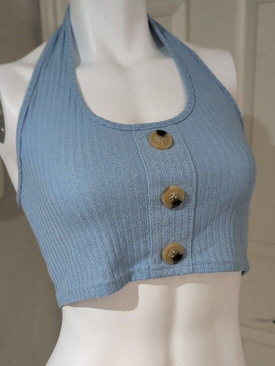 Y2K Romwe Light Blue Ribbed Halter Crop Top w/ Front Buttons Retro Women's Large