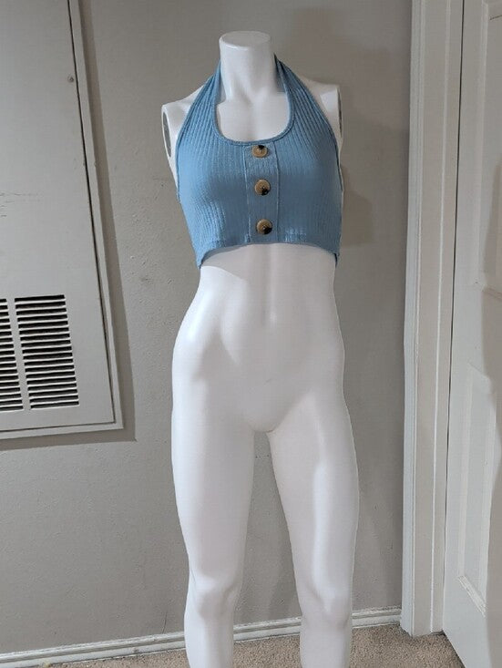 Y2K Romwe Light Blue Ribbed Halter Crop Top w/ Front Buttons Retro Women's Large