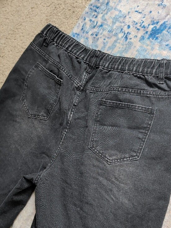 Retro ROMWE Black Denim Shorts with Ivory Ornamental Graphics Men's 2XL Y2K