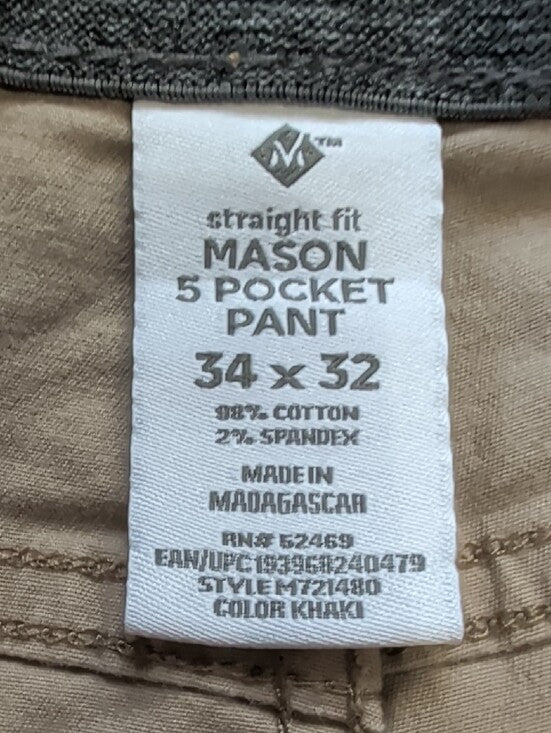 Mason Athletic Stretch Khaki Straight Fit 5-Pocket Pants Men's 34x32