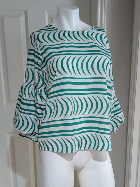 Follow Me Women's Green & White Striped Balloon-Sleeve Blouse New M/L