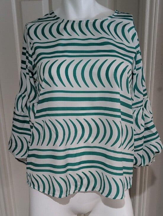 Follow Me Women's Green & White Striped Balloon-Sleeve Blouse New M/L