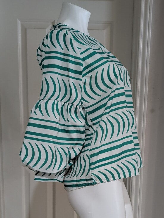 Follow Me Women's Green & White Striped Balloon-Sleeve Blouse New M/L