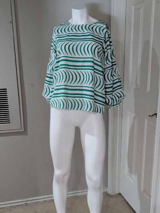 Follow Me Women's Green & White Striped Balloon-Sleeve Blouse New M/L
