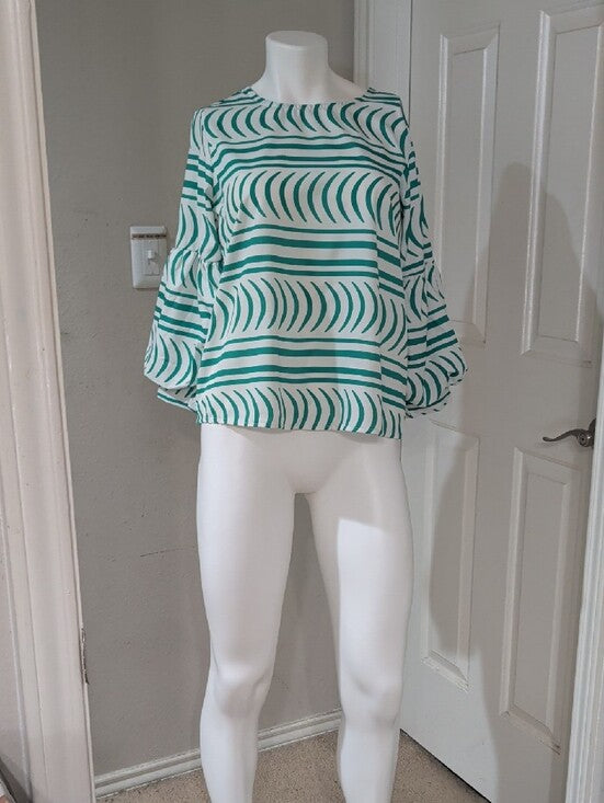 Follow Me Women's Green & White Striped Balloon-Sleeve Blouse New M/L