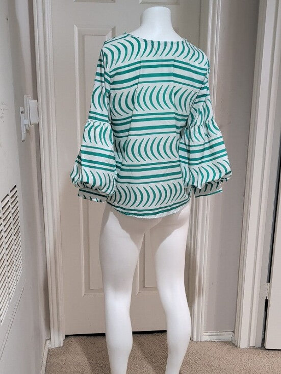 Follow Me Women's Green & White Striped Balloon-Sleeve Blouse New M/L