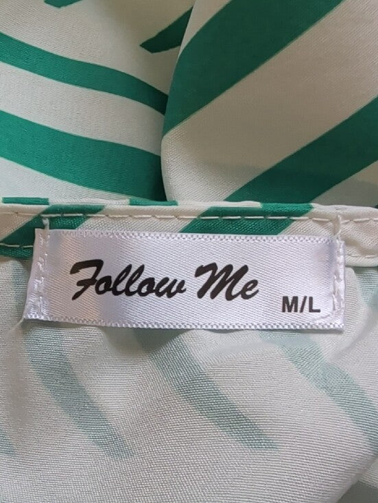 Follow Me Women's Green & White Striped Balloon-Sleeve Blouse New M/L