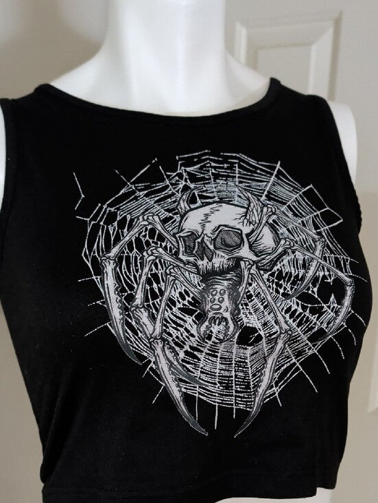 Y2K Romwe Black Cropped Graphic Spider-Web Tank Retro Women's Small