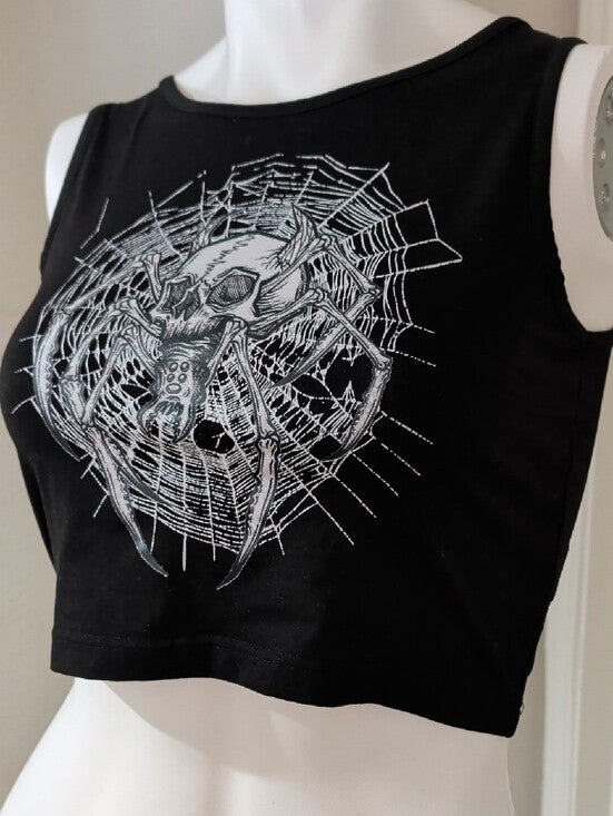Y2K Romwe Black Cropped Graphic Spider-Web Tank Retro Women's Small