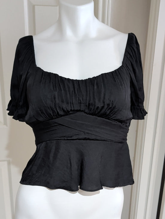 Mi Ami Black Square-Neck Peplum Tie-Waist Blouse Women's Medium
