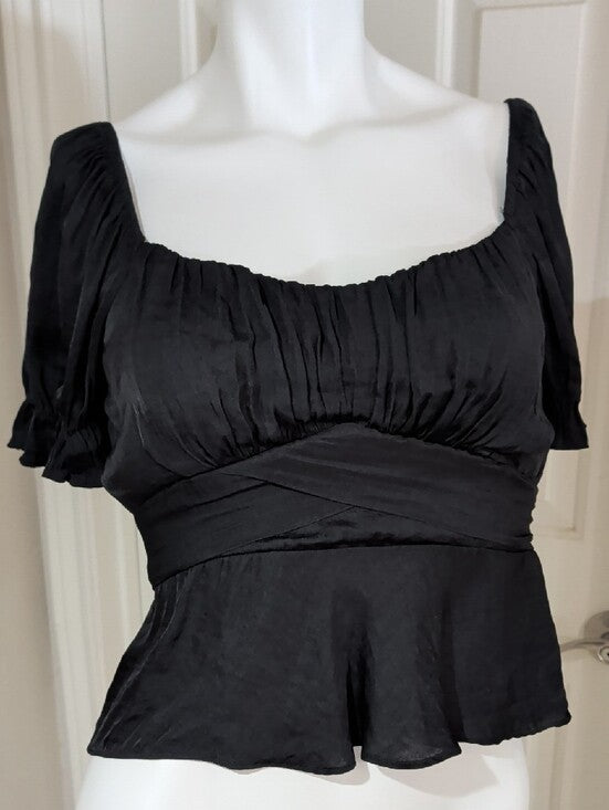 Mi Ami Black Square-Neck Peplum Tie-Waist Blouse Women's Medium