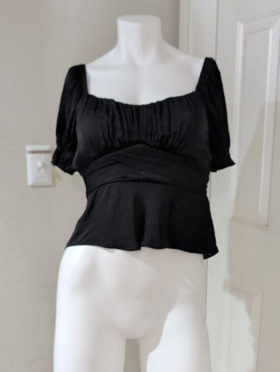Mi Ami Black Square-Neck Peplum Tie-Waist Blouse Women's Medium