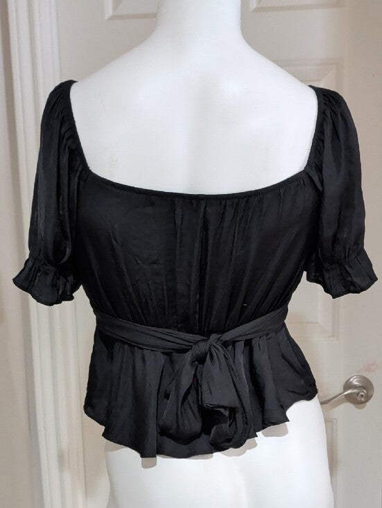 Mi Ami Black Square-Neck Peplum Tie-Waist Blouse Women's Medium