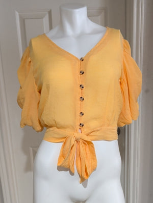 Speed Limit Sunshine Yellow Tie-Front Ruched Puff Sleeve Blouse Women's Medium