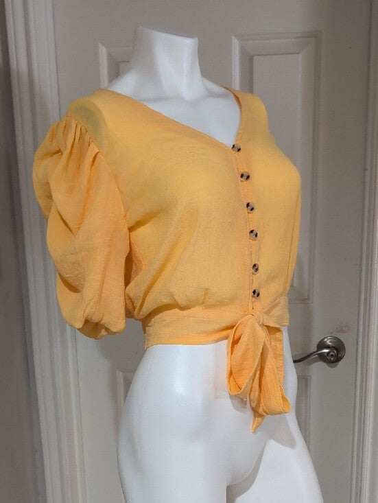 Speed Limit Sunshine Yellow Tie-Front Ruched Puff Sleeve Blouse Women's Medium