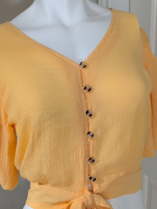 Speed Limit Sunshine Yellow Tie-Front Ruched Puff Sleeve Blouse Women's Medium
