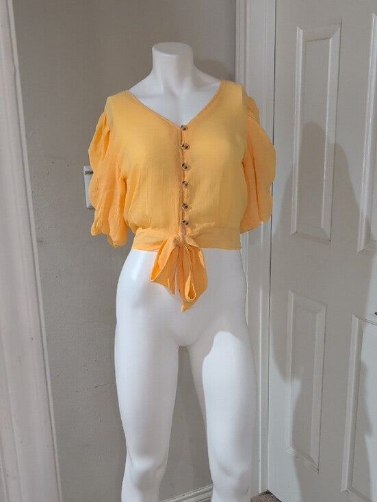 Speed Limit Sunshine Yellow Tie-Front Ruched Puff Sleeve Blouse Women's Medium