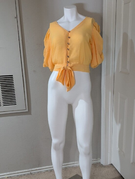 Speed Limit Sunshine Yellow Tie-Front Ruched Puff Sleeve Blouse Women's Medium
