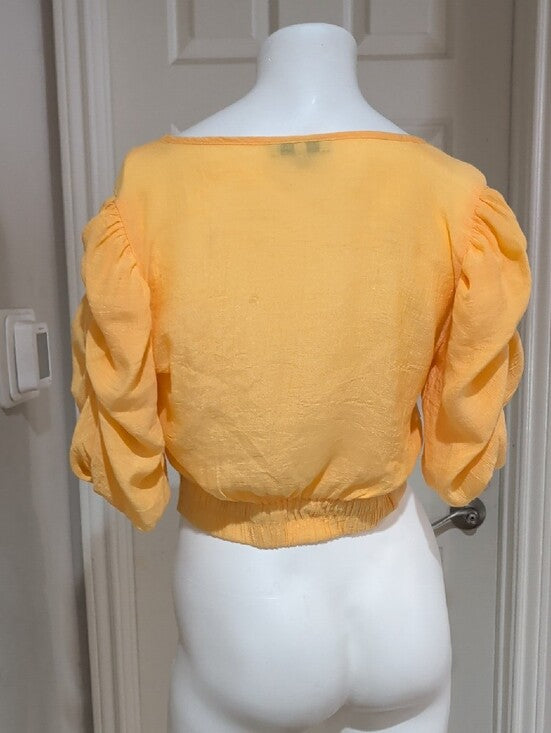 Speed Limit Sunshine Yellow Tie-Front Ruched Puff Sleeve Blouse Women's Medium