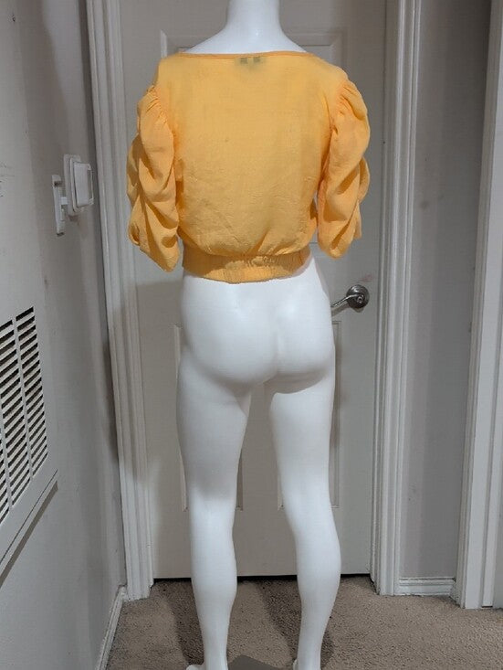 Speed Limit Sunshine Yellow Tie-Front Ruched Puff Sleeve Blouse Women's Medium