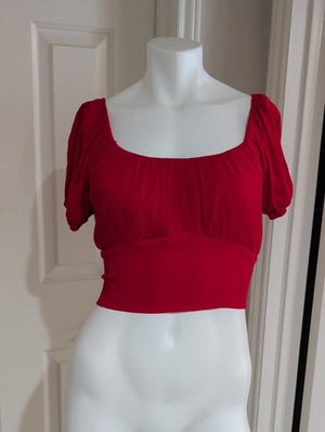 Ambiance Red Tie-Waist Square-Neck Puff Sleeve Crop Top Women's Medium