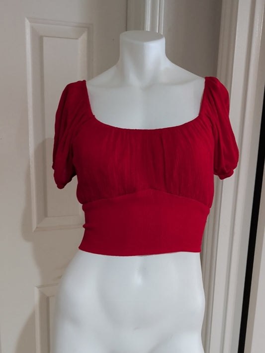 Ambiance Red Tie-Waist Square-Neck Puff Sleeve Crop Top Women's Medium