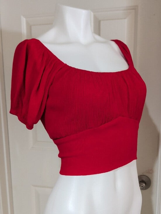 Ambiance Red Tie-Waist Square-Neck Puff Sleeve Crop Top Women's Medium