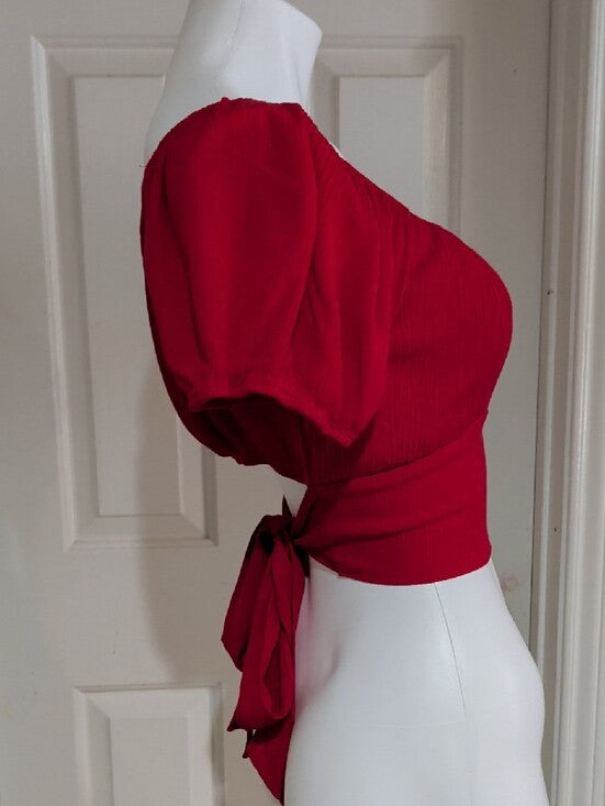 Ambiance Red Tie-Waist Square-Neck Puff Sleeve Crop Top Women's Medium