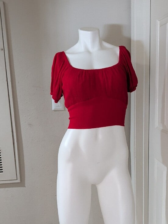 Ambiance Red Tie-Waist Square-Neck Puff Sleeve Crop Top Women's Medium