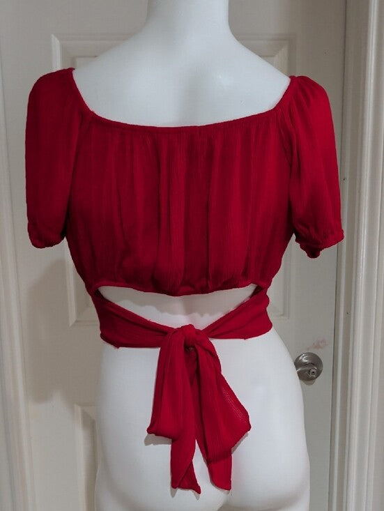 Ambiance Red Tie-Waist Square-Neck Puff Sleeve Crop Top Women's Medium