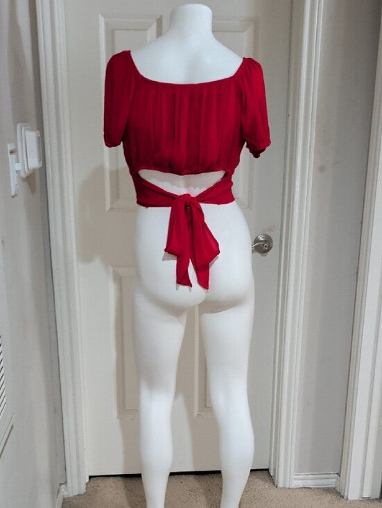 Ambiance Red Tie-Waist Square-Neck Puff Sleeve Crop Top Women's Medium