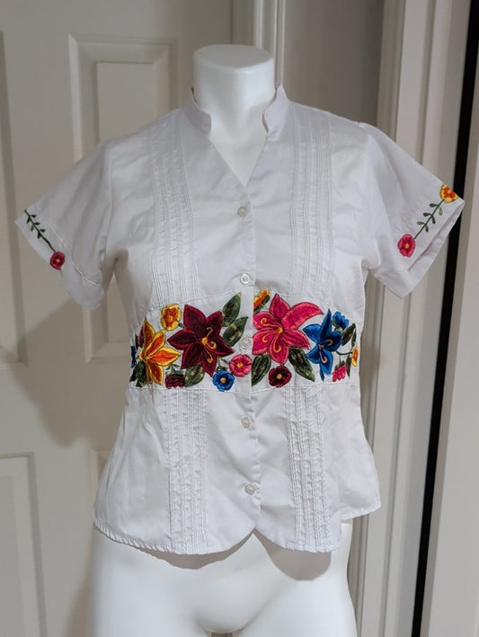 Crisp White Embroidered Floral Waist Button-Down Shirt Women's 32/XS