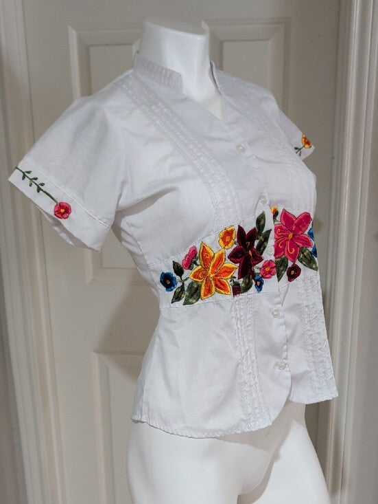 Crisp White Embroidered Floral Waist Button-Down Shirt Women's 32/XS