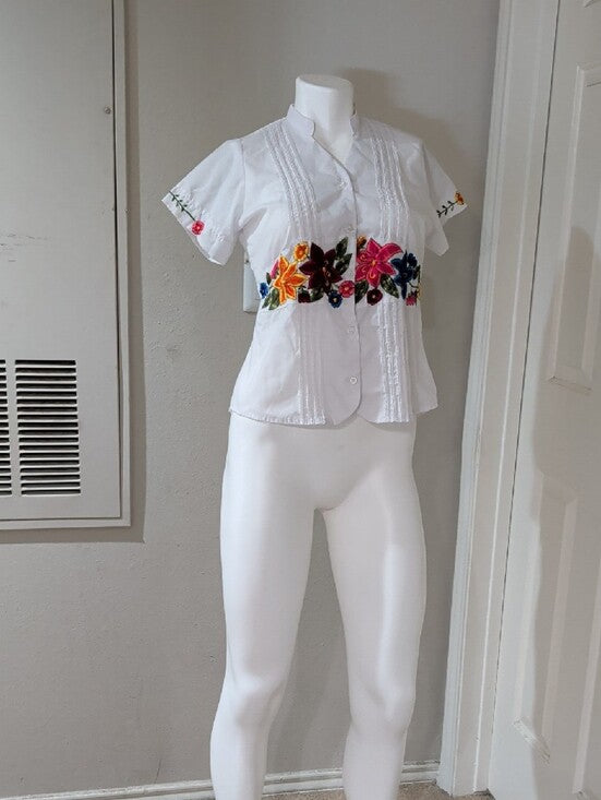 Crisp White Embroidered Floral Waist Button-Down Shirt Women's 32/XS
