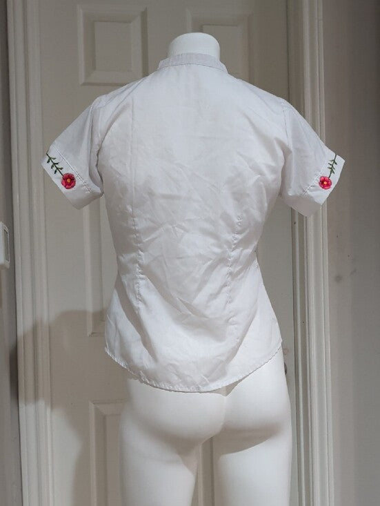 Crisp White Embroidered Floral Waist Button-Down Shirt Women's 32/XS