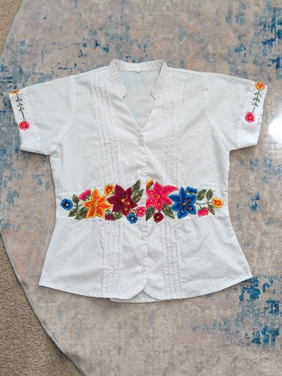 Crisp White Embroidered Floral Waist Button-Down Shirt Women's 32/XS
