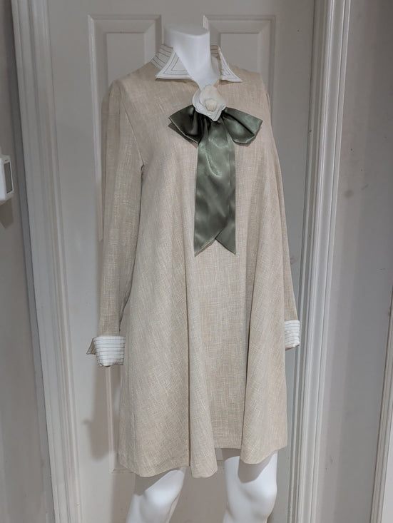 Vintage Push Cream A-line Dress with Olive Satin Bow Retro Women's Clothing S/M