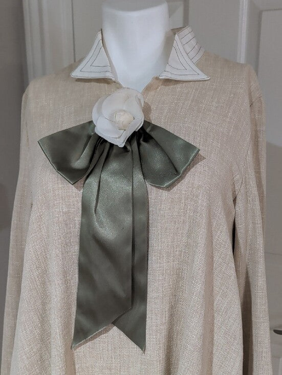 Vintage Push Cream A-line Dress with Olive Satin Bow Retro Women's Clothing S/M