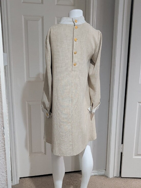 Vintage Push Cream A-line Dress with Olive Satin Bow Retro Women's Clothing S/M