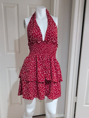 Red Halter Tiered Mini Dress with White Heart Print Women's Small