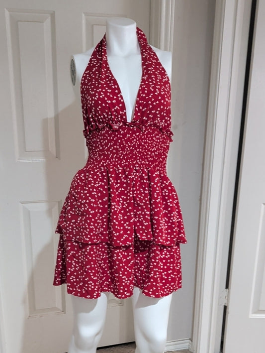 Red Halter Tiered Mini Dress with White Heart Print Women's Small