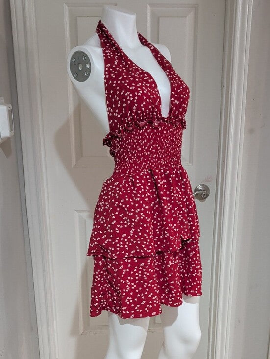 Red Halter Tiered Mini Dress with White Heart Print Women's Small