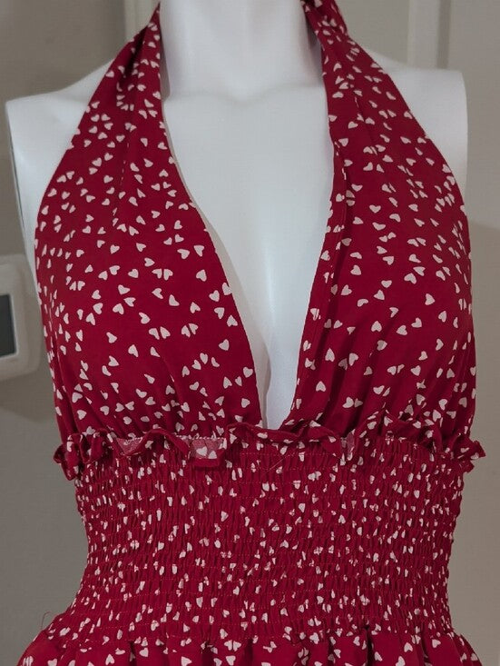 Red Halter Tiered Mini Dress with White Heart Print Women's Small